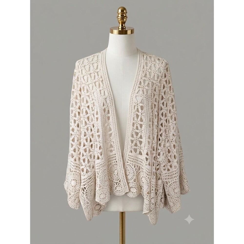 Chicos Cotton Crochet Open Front Boho Kimono Cardigan - L / XL